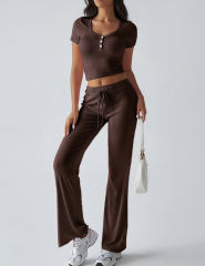 Brown Button U Neck Crop Top and Drawstring Pants Set