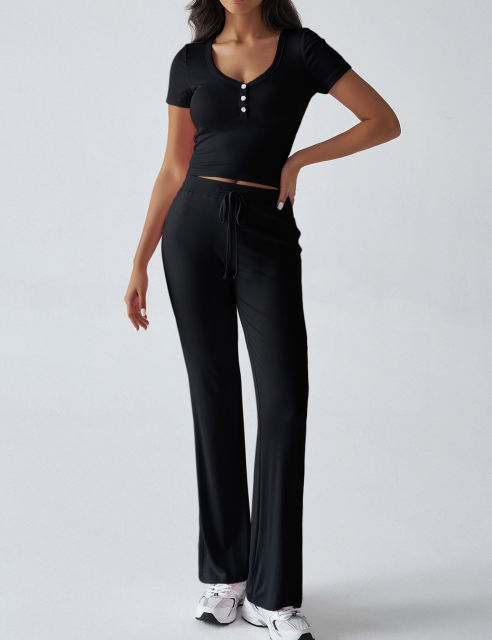 Black Button U Neck Crop Top and Drawstring Pants Set