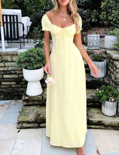Light Yellow Solid Ruffled Detail Pleated Frenchy Maxi Dress
