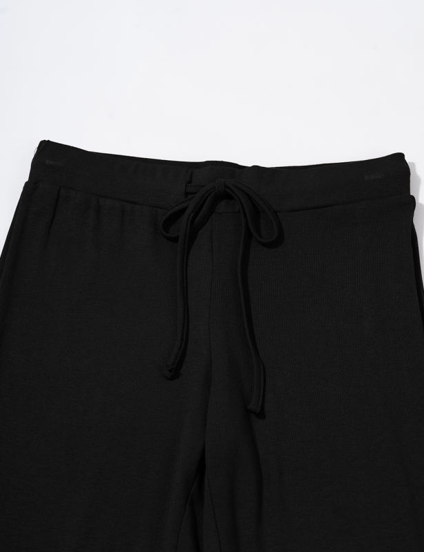 Black Button U Neck Crop Top and Drawstring Pants Set