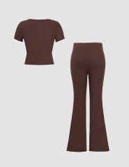 Brown Button U Neck Crop Top and Drawstring Pants Set