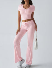 Pink Button U Neck Crop Top and Drawstring Pants Set