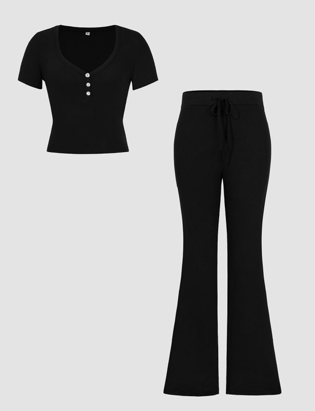Black Button U Neck Crop Top and Drawstring Pants Set