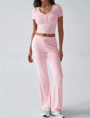 Pink Button U Neck Crop Top and Drawstring Pants Set