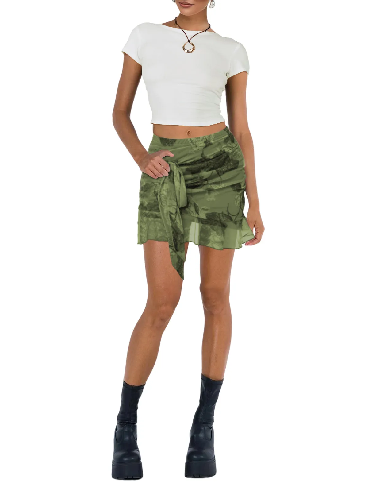 Army Green Mesh Floral Print Tie Waist Mini Skirt