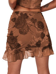 Brown Mesh Floral Print Tie Waist Mini Skirt