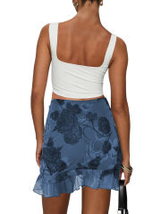 Blue Mesh Floral Print Tie Waist Mini Skirt