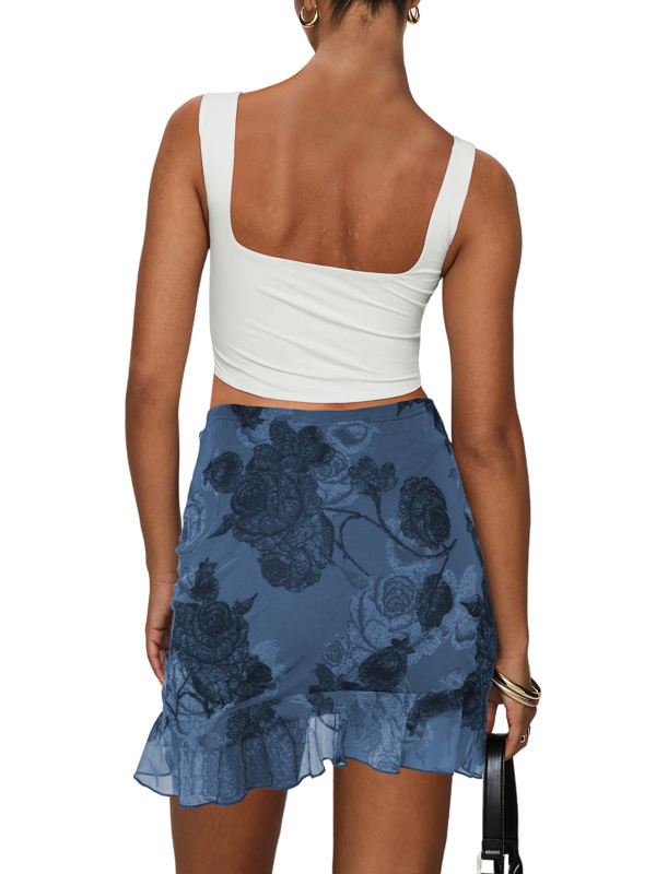 Blue Mesh Floral Print Tie Waist Mini Skirt