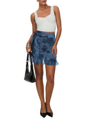 Blue Mesh Floral Print Tie Waist Mini Skirt