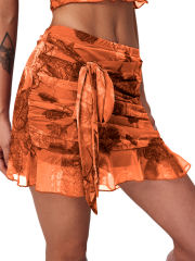 Orange Mesh Floral Print Tie Waist Mini Skirt