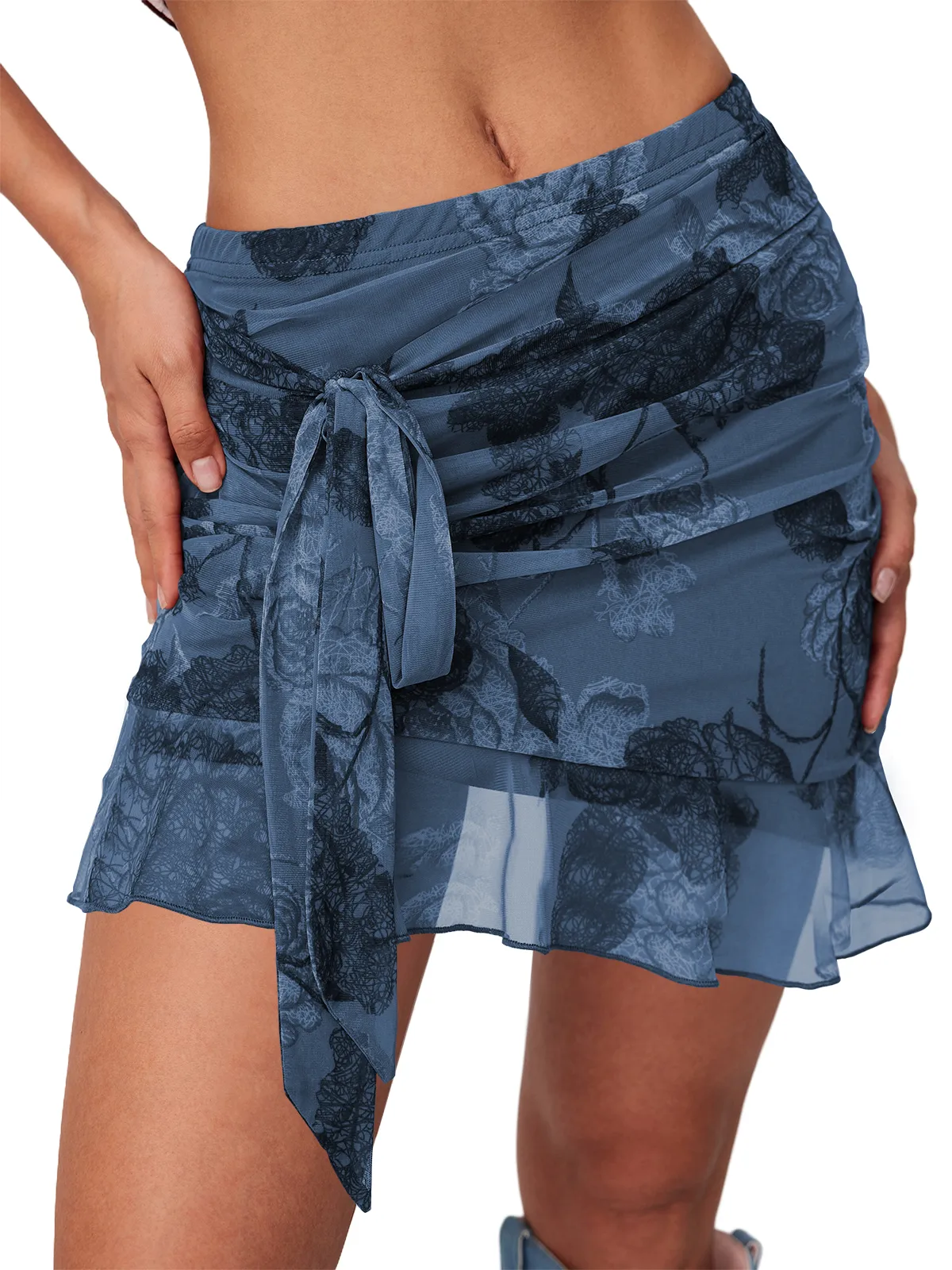 Blue Mesh Floral Print Tie Waist Mini Skirt