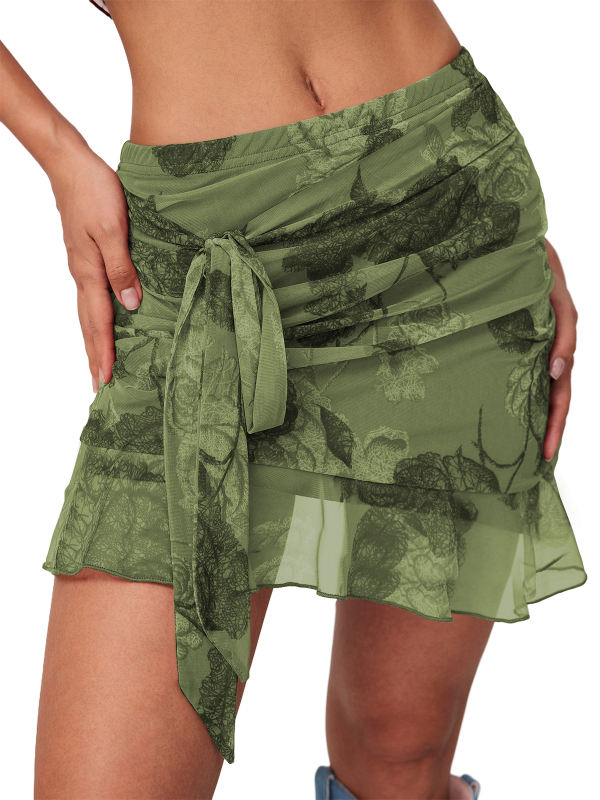 Army Green Mesh Floral Print Tie Waist Mini Skirt