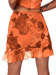 Orange Mesh Floral Print Tie Waist Mini Skirt