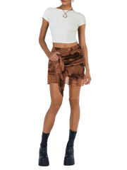 Brown Mesh Floral Print Tie Waist Mini Skirt