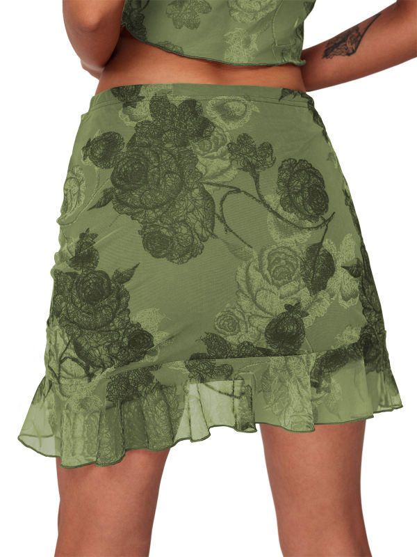Army Green Mesh Floral Print Tie Waist Mini Skirt