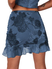 Blue Mesh Floral Print Tie Waist Mini Skirt