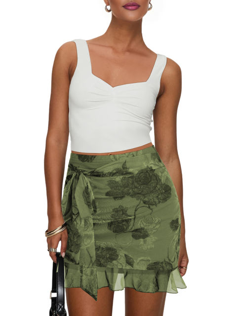Army Green Mesh Floral Print Tie Waist Mini Skirt
