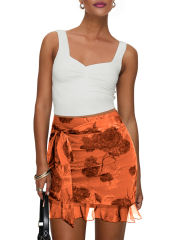 Orange Mesh Floral Print Tie Waist Mini Skirt