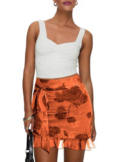 Orange Mesh Floral Print Tie Waist Mini Skirt