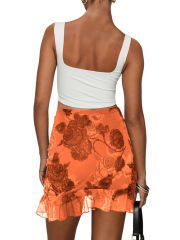 Orange Mesh Floral Print Tie Waist Mini Skirt