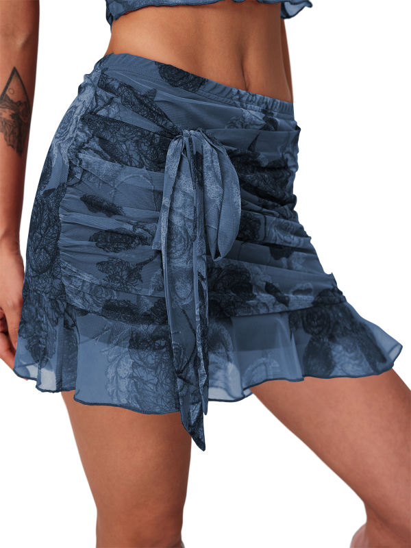 Blue Mesh Floral Print Tie Waist Mini Skirt
