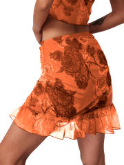 Orange Mesh Floral Print Tie Waist Mini Skirt
