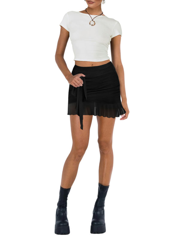 Black Solid Color Tie Waist Mini Skirt