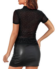 Black Rhinestones Sheer Mesh Mock Neck Short Sleeve Tops