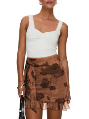 Brown Mesh Floral Print Tie Waist Mini Skirt