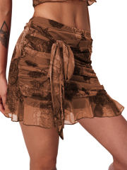 Brown Mesh Floral Print Tie Waist Mini Skirt