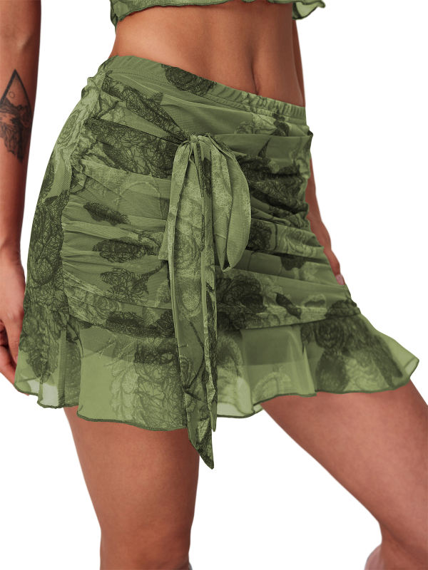 Army Green Mesh Floral Print Tie Waist Mini Skirt