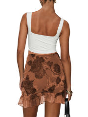Brown Mesh Floral Print Tie Waist Mini Skirt