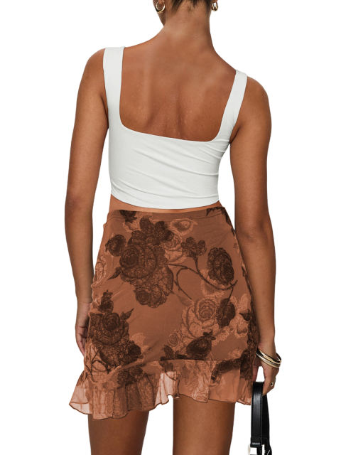 Brown Mesh Floral Print Tie Waist Mini Skirt