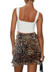 Brown Mesh Leopard Print Tie Waist Mini Skirt