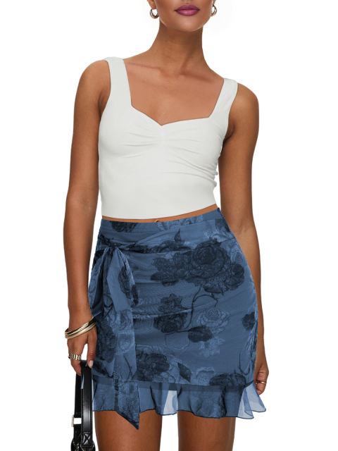 Blue Mesh Floral Print Tie Waist Mini Skirt