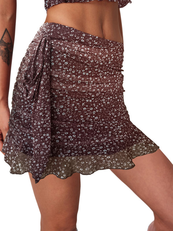 Rust Red Mesh Floral Print Tie Waist Mini Skirt