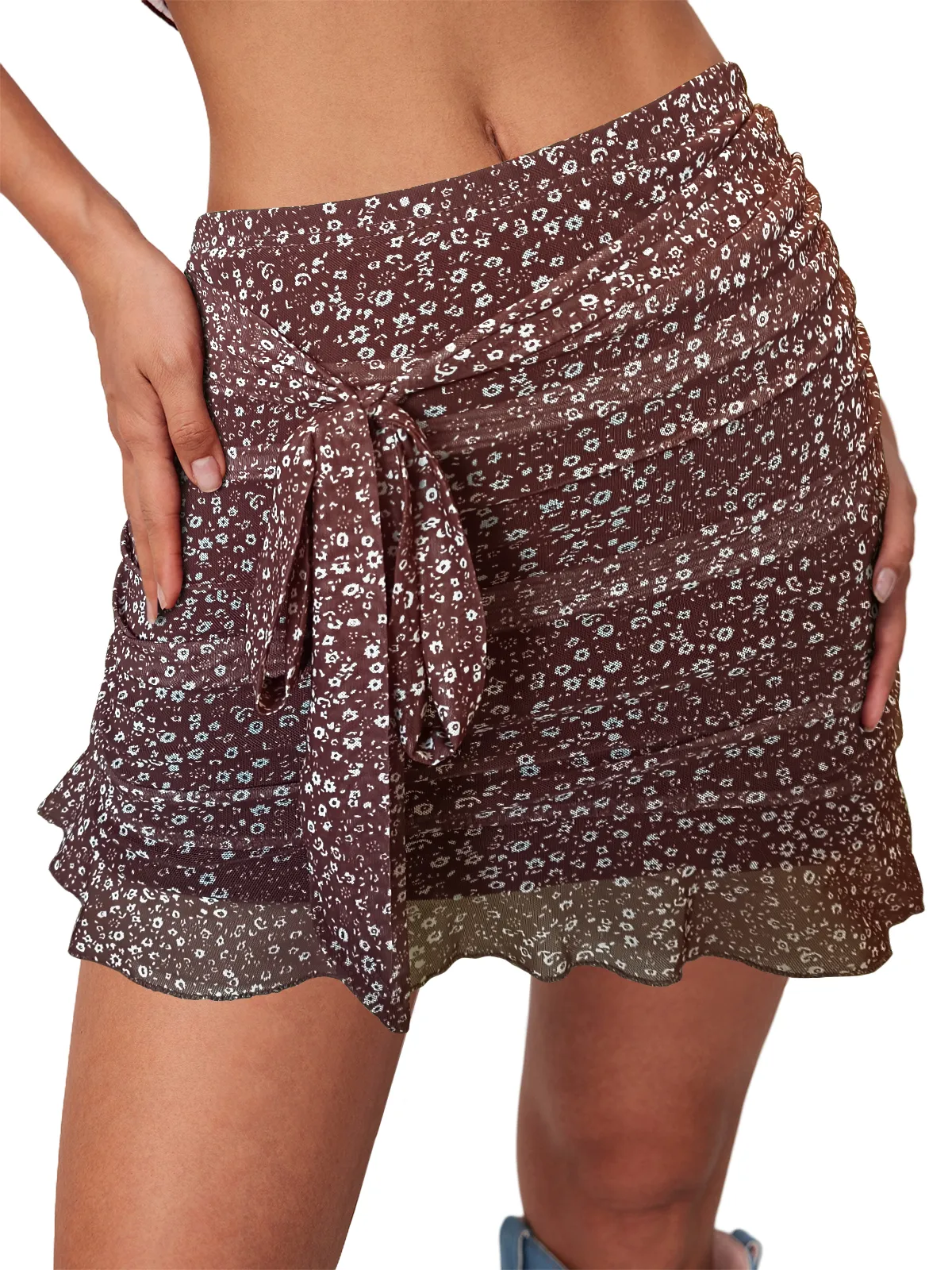 Rust Red Mesh Floral Print Tie Waist Mini Skirt