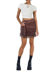 Rust Red Mesh Floral Print Tie Waist Mini Skirt