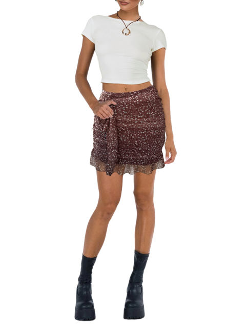 Rust Red Mesh Floral Print Tie Waist Mini Skirt