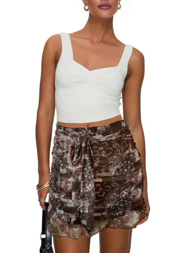 Dark Brown Mesh Floral Print Tie Waist Mini Skirt