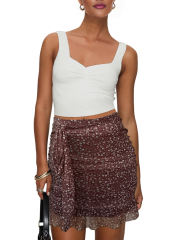 Rust Red Mesh Floral Print Tie Waist Mini Skirt