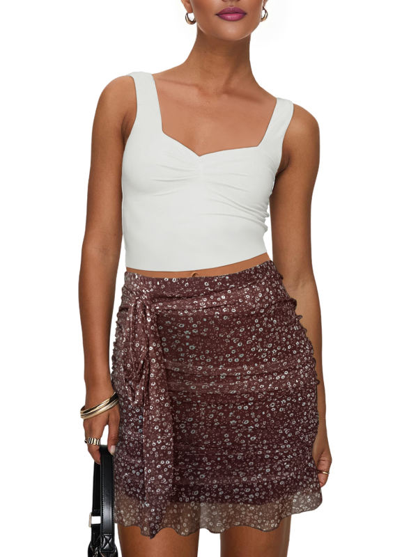 Rust Red Mesh Floral Print Tie Waist Mini Skirt