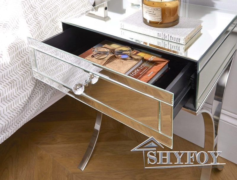 SHYFOY Mirrored Bedside Table with Stainless Steel | Silver Single Drawer Mirrored Night Table | Glass Mirror Nightstand / SF-BT010