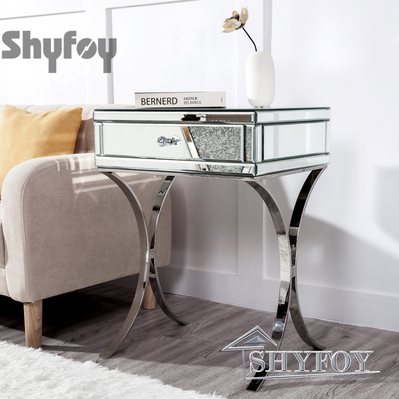 SHYFOY Mirrored Bedside Table with Stainless Steel | Silver Single Drawer Mirrored Night Table | Glass Mirror Nightstand / SF-BT010