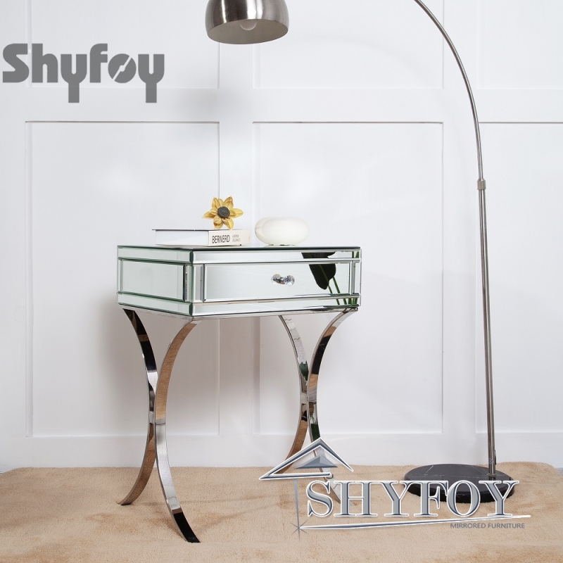 SHYFOY Mirrored Bedside Table with Stainless Steel | Silver Single Drawer Mirrored Night Table | Glass Mirror Nightstand / SF-BT010