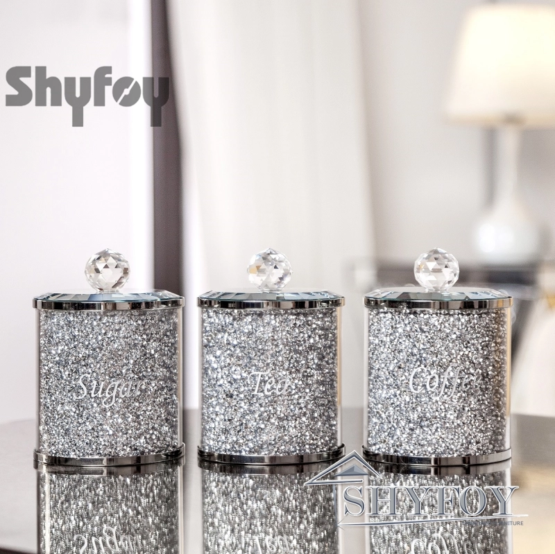 SHYFOY Sparkling Crushed Diamond Silver Glass Coffee Jars Set / SF-MP006