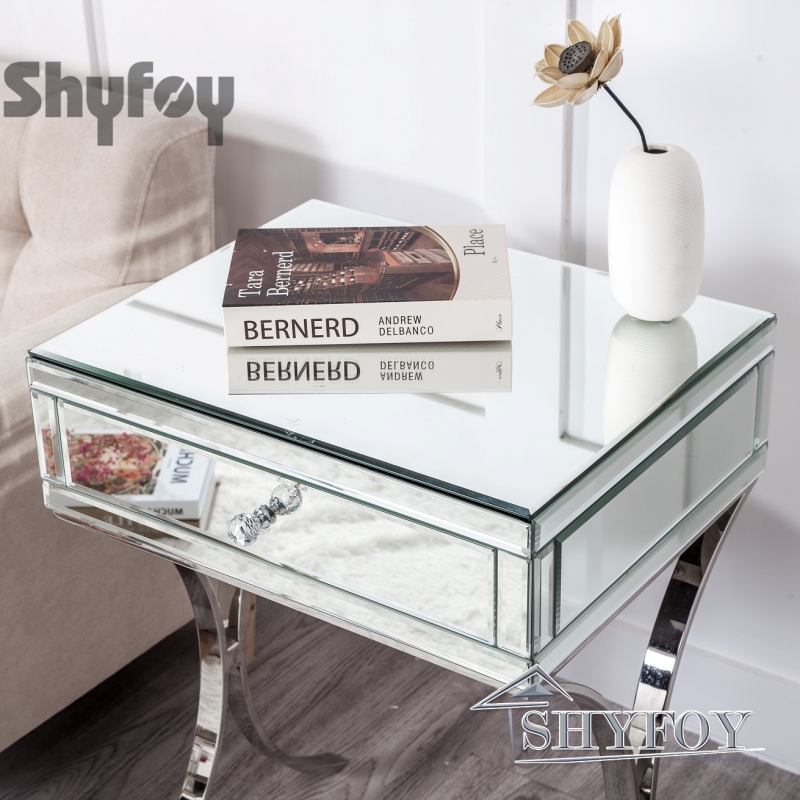 SHYFOY Mirrored Bedside Table with Stainless Steel | Silver Single Drawer Mirrored Night Table | Glass Mirror Nightstand / SF-BT010