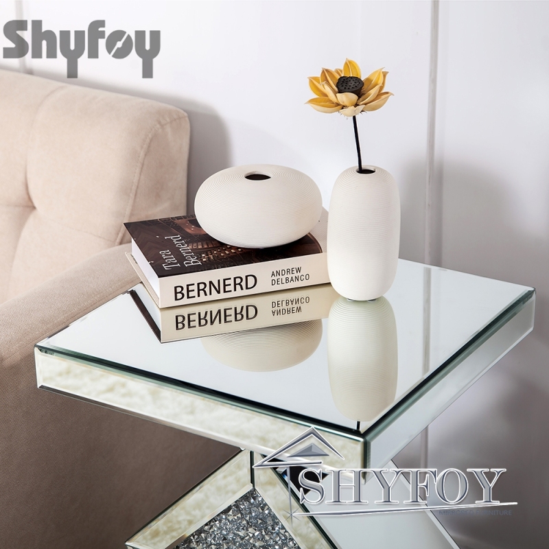 SHYFOY Mirrored Crushed Diamond Side Table | Glass Mirror End Tables with Crystal Inlay  / SF-ST013