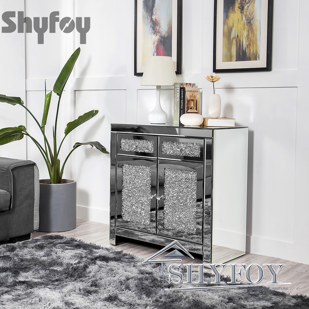 Accent Storage Chest Cabinet with 2 Doors 2 drawers fills with Sparkly Crushed Diamond Crystals Mirrored Furniture for Living room Kitchen Dining