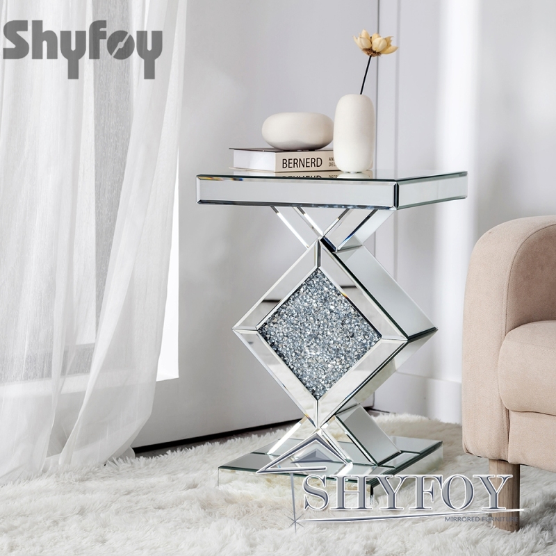 SHYFOY Mirrored Crushed Diamond Side Table | Glass Mirror End Tables with Crystal Inlay  / SF-ST013